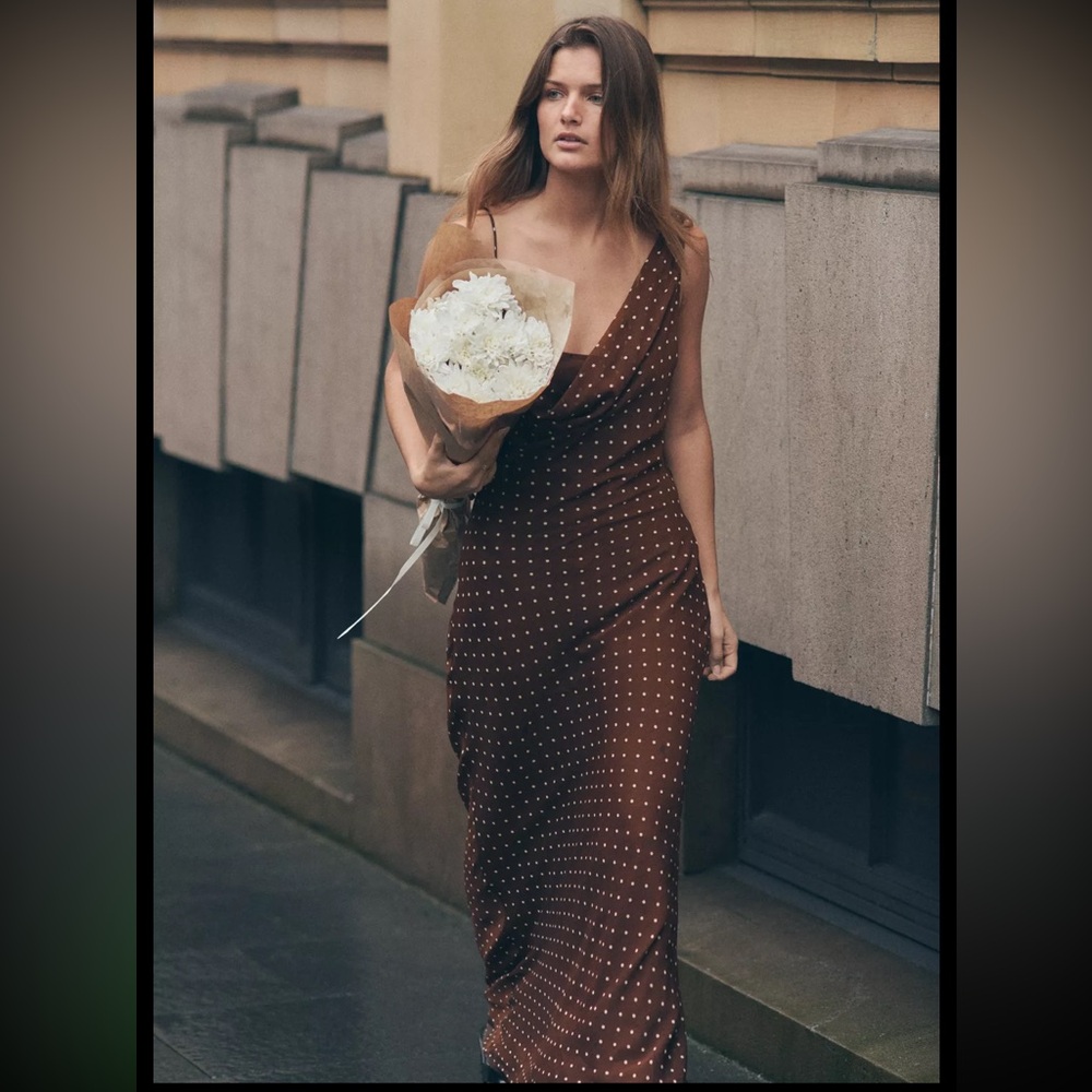 Women’s One-Shoulder Brown Polka Dot Slip Dress